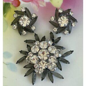 Vintage 1950s Juliana Brooch Earrings Set Rhinestone Clear Gray/Green
